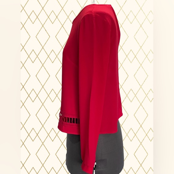 Lush True Red Long Sleeve Semi-Crop Blouse With Crochet Trim Size S - Picture 2 of 4
